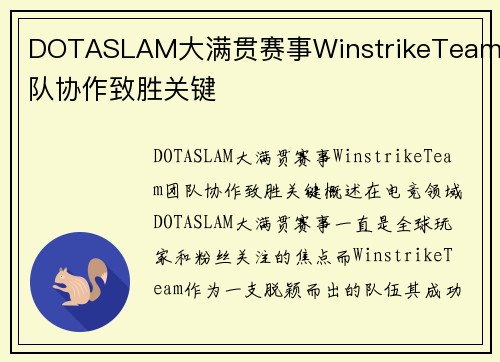 DOTASLAM大满贯赛事WinstrikeTeam团队协作致胜关键