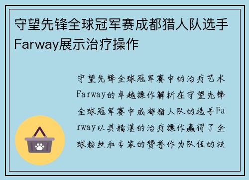 守望先锋全球冠军赛成都猎人队选手Farway展示治疗操作